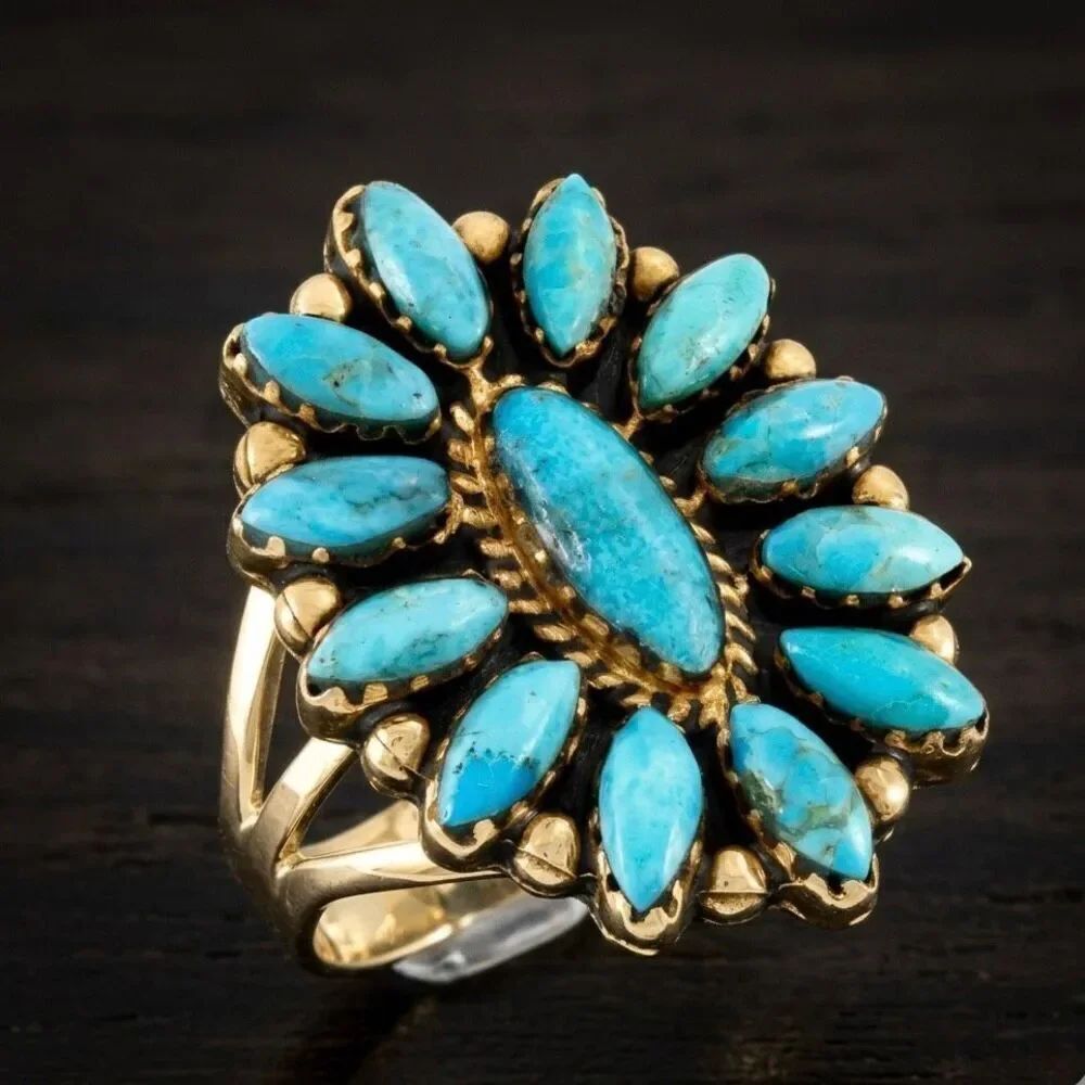 Large Turquoise Cluster Statement Ring - Gold Tone Marquise Southwest Sunburst - Picture 3 of 5